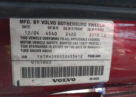 2005 Volvo S60 2.5T Awd из США, поврежденный, VIN YV1RH592652455412